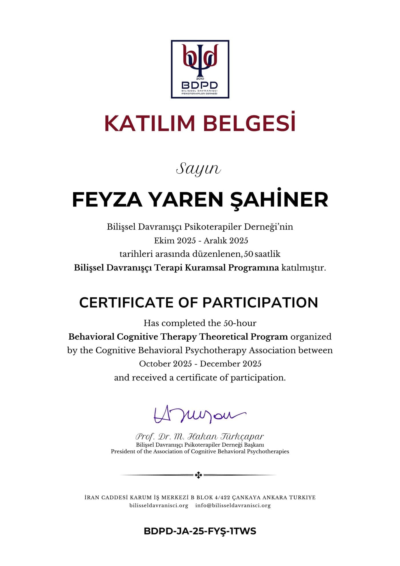 Bilişsel Davranışçı Terapi Kuramsal Programı (50 saat) — Bilişsel Davranışçı Psikoterapiler Derneği tarafından verilen sertifika