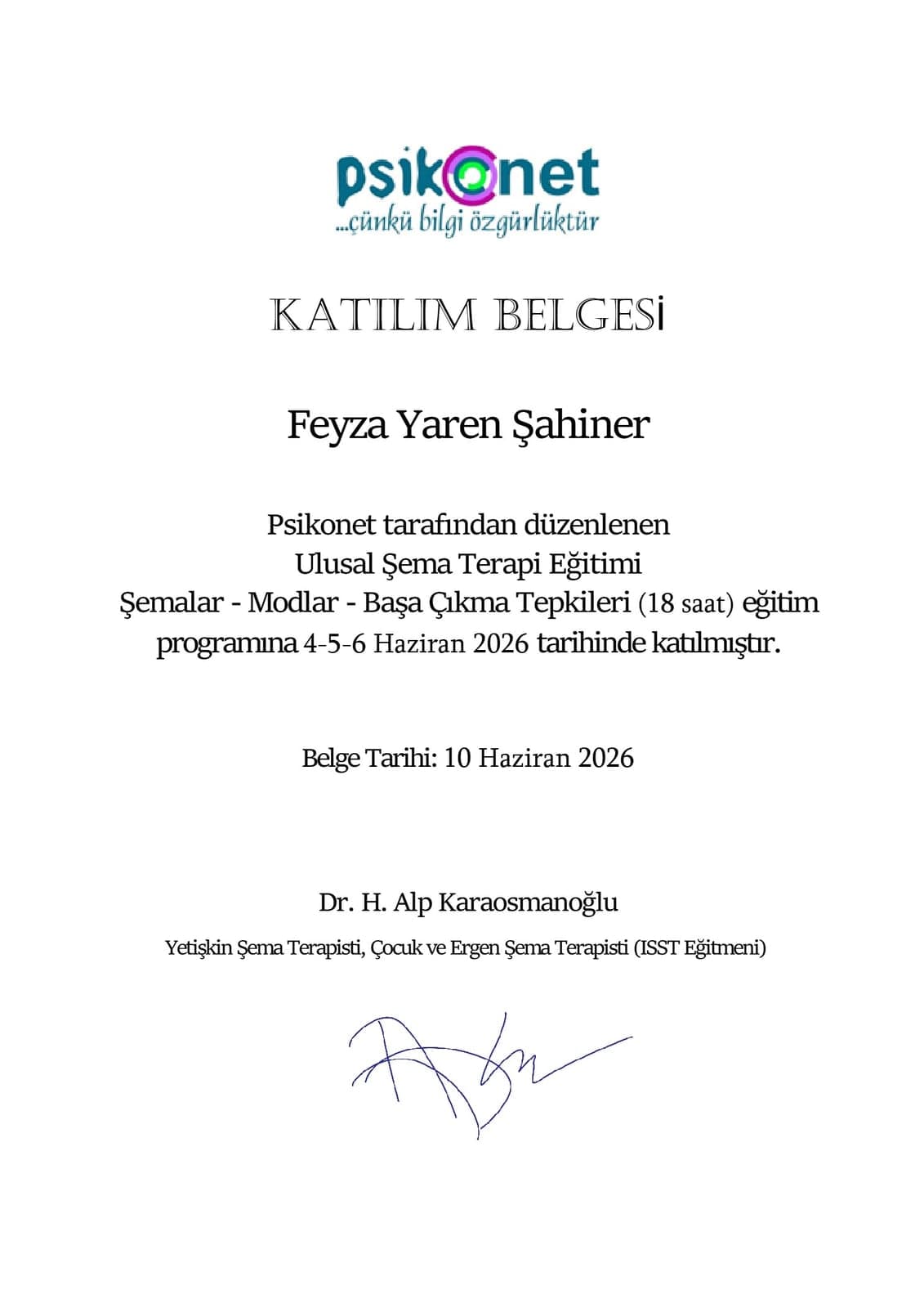 Ulusal Şema Terapi Eğitimi (18 saat) — Psikonet tarafından verilen sertifika